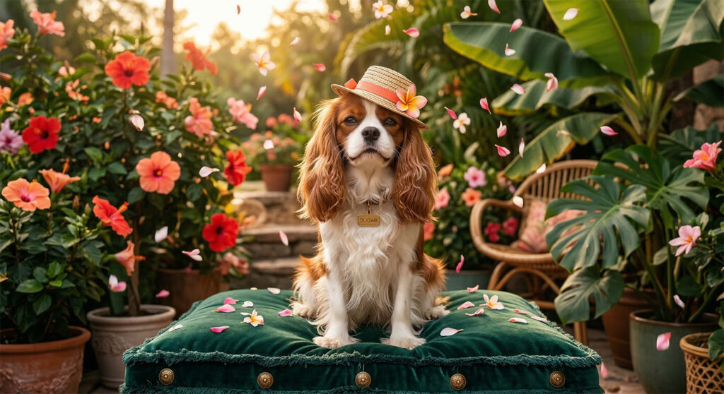Chien brun et blanc portant un chapeau de paille fleuri, assis sur un coussin de velours vert dans un jardin tropical