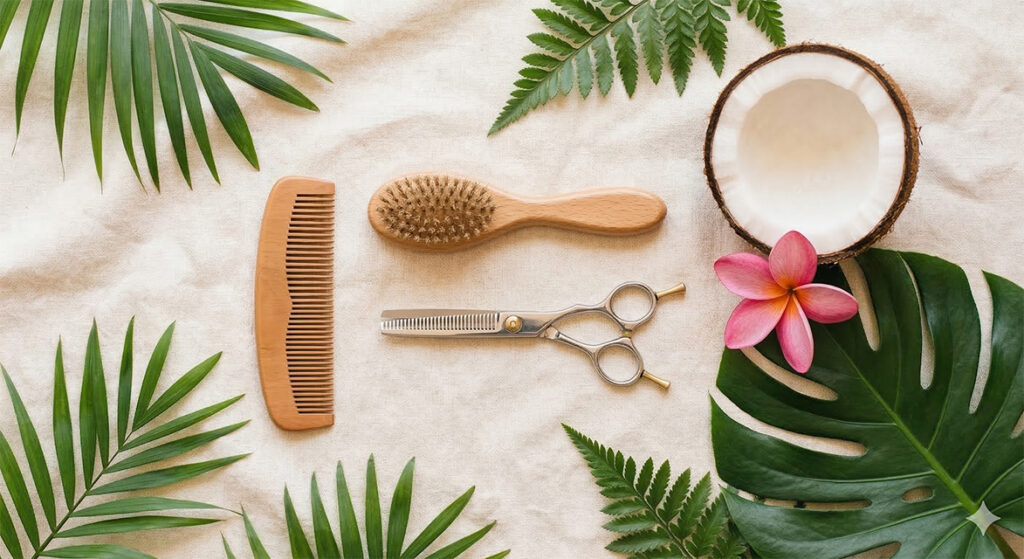 Accessoires de toilettage naturels — peigne et brosse en bois, ciseaux, noix de coco et fleur de frangipanier sur fond neutre entouré de feuilles tropicales