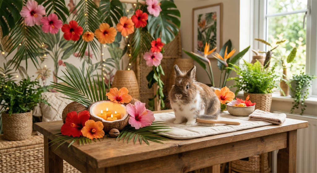 Lapin brun sur table en bois entouré de fleurs hibiscus colorées bougies et feuilles tropicales