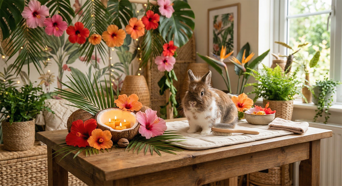 Lapin brun sur table en bois entouré de fleurs hibiscus colorées bougies et feuilles tropicales