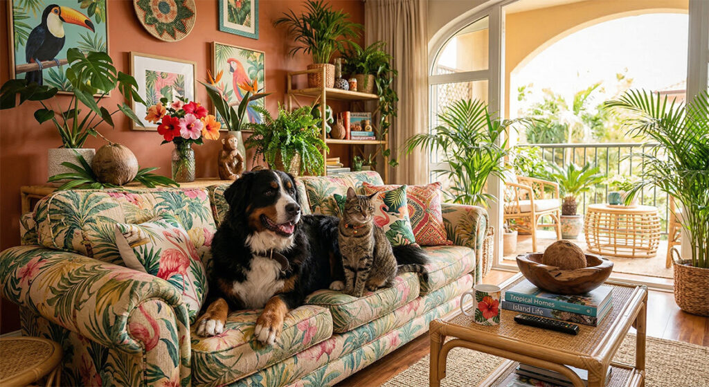 Grand chien et chat tabby assis ensemble sur un canapé à motifs tropicaux dans un salon coloré
