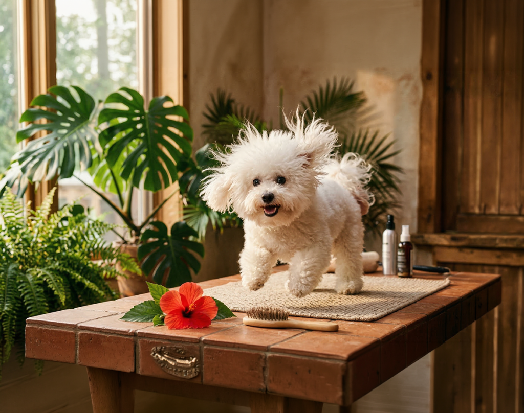 Chien blanc debout sur une table de toilettage, entouré de plantes tropicales et d'accessoires de soin
