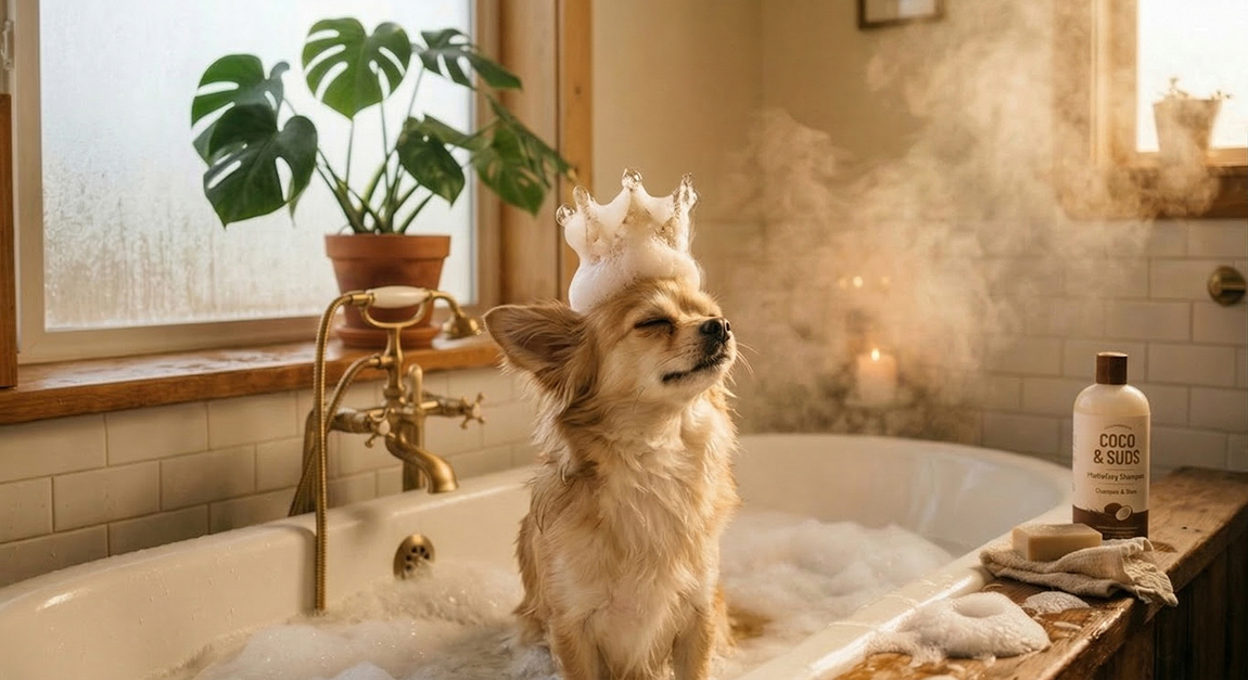 Petit chien détendu dans un bain moussant avec une couronne de mousse