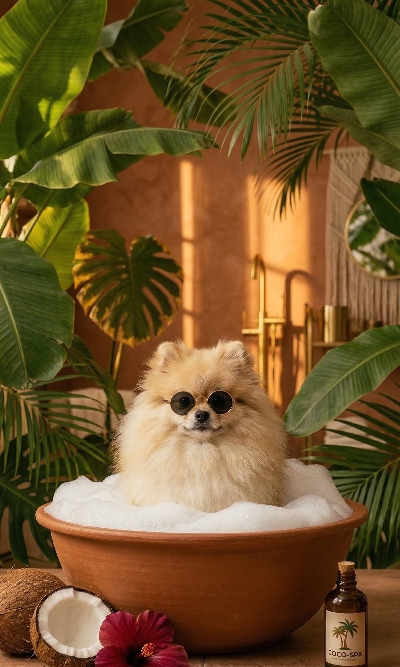 Petit chien poméranien avec lunettes de soleil dans un bain moussant, entouré de plantes tropicales